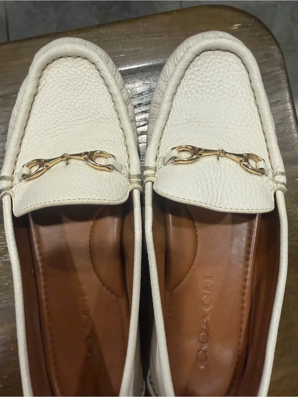 Coach Cream Leather Horsebit Loafers with Gold Hardware